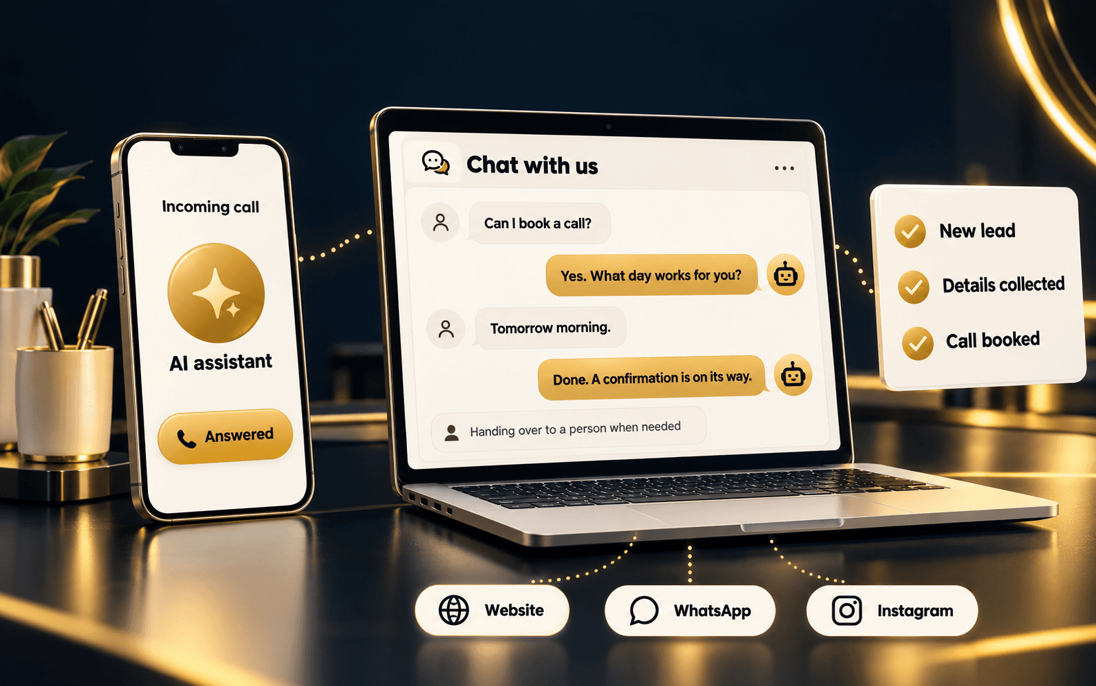An AI assistant answering a phone call and a chat, with a new lead card and a booked call