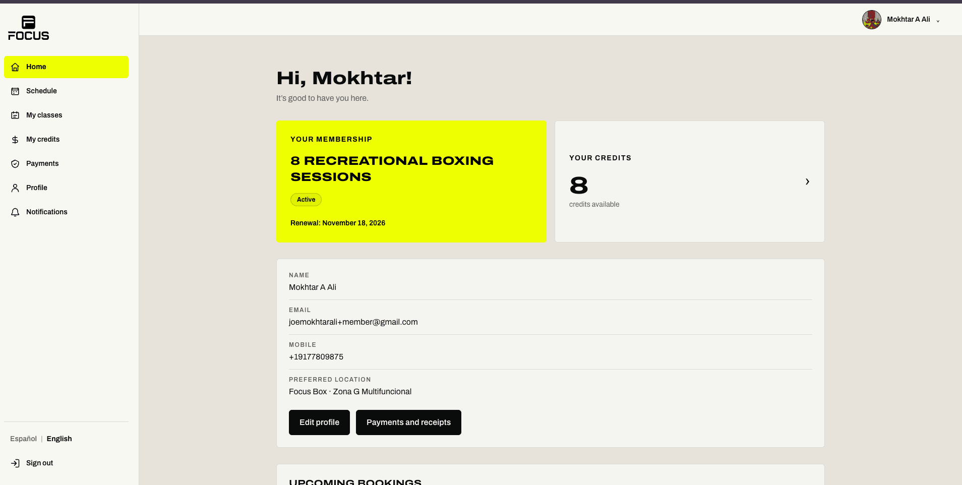 Focus Box Gym member portal: client view